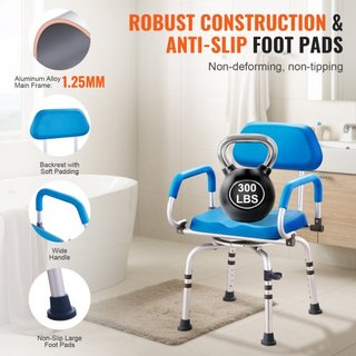 Silla de Ducha Giratoria 360 Grados, Asiento de Ducha Ajustable con Brazos Pivotantes y Asiento de Baño Acolchado para Ducha o Bañera, Silla de Bañera Antideslizante para Ancianos y Discapacitados...