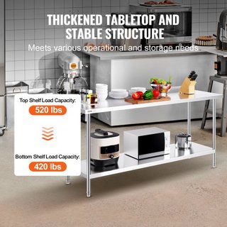 Mesa de Trabajo de Acero Inoxidable de 24 x 72 x 36 Pulgadas, Mesa de Preparación de Alimentos Comercial, Mesa de Trabajo Pesada, Mesa de Trabajo de Metal con Altura Ajustable para Restaurante, Ho...