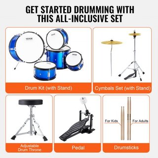 Juego de Batería para Niños, 5 Piezas, Juego de Batería Completo para Principiantes de 16 pulgadas con Bombo, Toms, Caja, Batería de Suelo, Trono Ajustable, Platillo, Pedal Hi-Hat y Dos Pares de B...