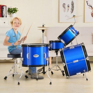 Juego de Batería para Niños, 5 Piezas, Juego de Batería Completo para Principiantes de 16 pulgadas con Bombo, Toms, Caja, Batería de Suelo, Trono Ajustable, Platillo, Pedal Hi-Hat y Dos Pares de B...