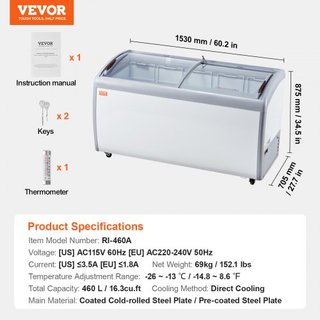 Vitrina de Helados Comercial, Congelador de Cofre de 460 L, Congelador Profundo Móvil con Tapa de Vidrio, Gabinete de Dipping de Gelato para Restaurante con 5 Cestas de Alambre, 2 Puertas de Vidri...