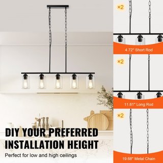 Lámparas colgantes de cocina de 5 luces, 60W, accesorio de luz ajustable para comedor con pantalla de vidrio transparente, 4 varillas, 2 cadenas de metal, candelabros lineales de metal estilo gran...