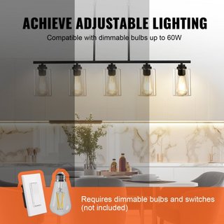 Lámparas colgantes de cocina de 5 luces, 60W, accesorio de luz ajustable para comedor con pantalla de vidrio transparente, 4 varillas, 2 cadenas de metal, candelabros lineales de metal estilo gran...