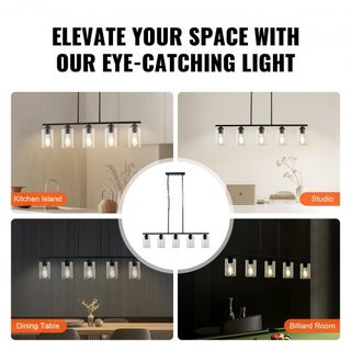 Lámparas colgantes de cocina de 5 luces, 60W, accesorio de luz ajustable para comedor con pantalla de vidrio transparente, 4 varillas, 2 cadenas de metal, candelabros lineales de metal estilo gran...