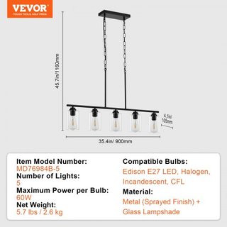 Lámparas colgantes de cocina de 5 luces, 60W, accesorio de luz ajustable para comedor con pantalla de vidrio transparente, 4 varillas, 2 cadenas de metal, candelabros lineales de metal estilo gran...