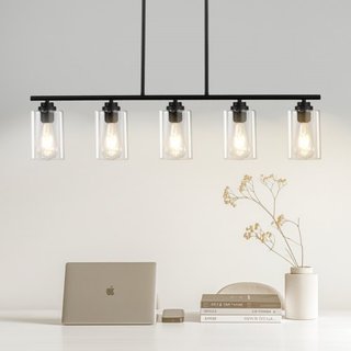 Lámparas colgantes de cocina de 5 luces, 60W, accesorio de luz ajustable para comedor con pantalla de vidrio transparente, 4 varillas, 2 cadenas de metal, candelabros lineales de metal estilo gran...