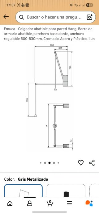 Colgador/perchero abatible pared. 600-830mm