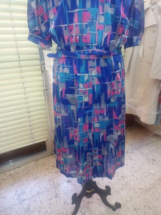 Vestido vintage gasa estampado azul.