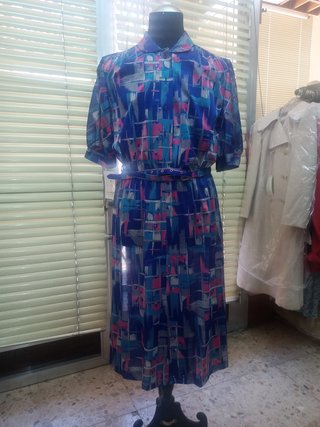 Vestido vintage gasa estampado azul.