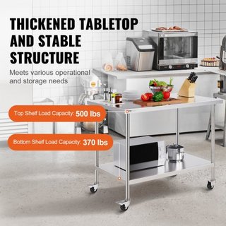 Mesa de Trabajo de Acero Inoxidable 30 x 48 x 38 Pulgadas, con 4 Ruedas, 3 Niveles de Altura Ajustables, Mesa de Trabajo Pesada para Preparación de Alimentos en Cocina Comercial Restaurante, Plata