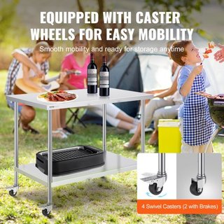 Mesa de Trabajo de Acero Inoxidable 30 x 48 x 38 Pulgadas, con 4 Ruedas, 3 Niveles de Altura Ajustables, Mesa de Trabajo Pesada para Preparación de Alimentos en Cocina Comercial Restaurante, Plata