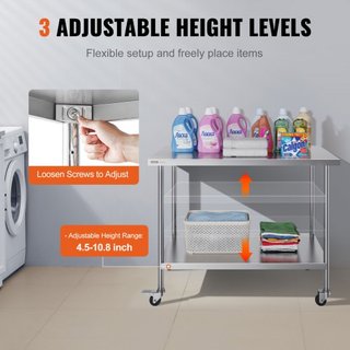 Mesa de Trabajo de Acero Inoxidable 30 x 48 x 38 Pulgadas, con 4 Ruedas, 3 Niveles de Altura Ajustables, Mesa de Trabajo Pesada para Preparación de Alimentos en Cocina Comercial Restaurante, Plata