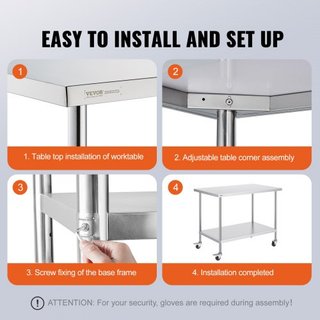 Mesa de Trabajo de Acero Inoxidable 30 x 48 x 38 Pulgadas, con 4 Ruedas, 3 Niveles de Altura Ajustables, Mesa de Trabajo Pesada para Preparación de Alimentos en Cocina Comercial Restaurante, Plata