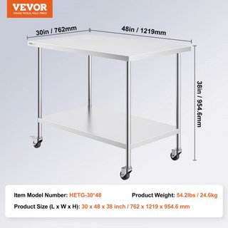 Mesa de Trabajo de Acero Inoxidable 30 x 48 x 38 Pulgadas, con 4 Ruedas, 3 Niveles de Altura Ajustables, Mesa de Trabajo Pesada para Preparación de Alimentos en Cocina Comercial Restaurante, Plata