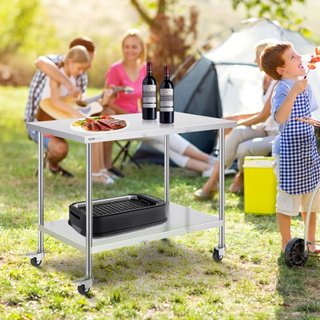 Mesa de Trabajo de Acero Inoxidable 30 x 48 x 38 Pulgadas, con 4 Ruedas, 3 Niveles de Altura Ajustables, Mesa de Trabajo Pesada para Preparación de Alimentos en Cocina Comercial Restaurante, Plata