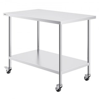 Mesa de Trabajo de Acero Inoxidable 30 x 48 x 38 Pulgadas, con 4 Ruedas, 3 Niveles de Altura Ajustables, Mesa de Trabajo Pesada para Preparación de Alimentos en Cocina Comercial Restaurante, Plata