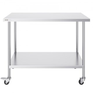 Mesa de Trabajo de Acero Inoxidable 30 x 48 x 38 Pulgadas, con 4 Ruedas, 3 Niveles de Altura Ajustables, Mesa de Trabajo Pesada para Preparación de Alimentos en Cocina Comercial Restaurante, Plata