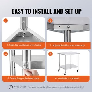 Mesa de Trabajo de Acero Inoxidable 30 x 36 x 38 Pulgadas, con 4 Ruedas, 3 Niveles de Altura Ajustables, Mesa de Trabajo Pesada para Preparación de Alimentos en Cocina Comercial Restaurante, Plata