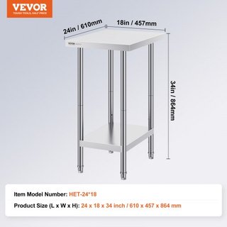 Mesa de Preparación de Acero Inoxidable, 24 x 18 x 34 Pulgadas, Mesa de Trabajo de Metal de Alta Resistencia con 3 Niveles de Altura Ajustables, Estación de Trabajo Comercial para Cocina, Garaje, ...