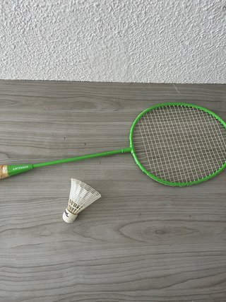 Raqueta de Bádminton de color verde y Volante