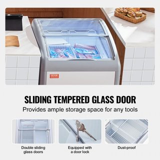 Vitrina de Helados Comercial, Congelador de Cofre de 154 L, Congelador Profundo Móvil con Tapa de Vidrio, Gabinete de Dipping de Gelato para Restaurante con 2 Cestas de Alambre, 2 Puertas de Vidri...