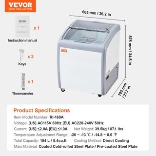 Vitrina de Helados Comercial, Congelador de Cofre de 154 L, Congelador Profundo Móvil con Tapa de Vidrio, Gabinete de Dipping de Gelato para Restaurante con 2 Cestas de Alambre, 2 Puertas de Vidri...