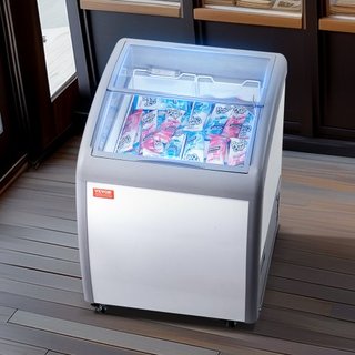 Vitrina de Helados Comercial, Congelador de Cofre de 154 L, Congelador Profundo Móvil con Tapa de Vidrio, Gabinete de Dipping de Gelato para Restaurante con 2 Cestas de Alambre, 2 Puertas de Vidri...