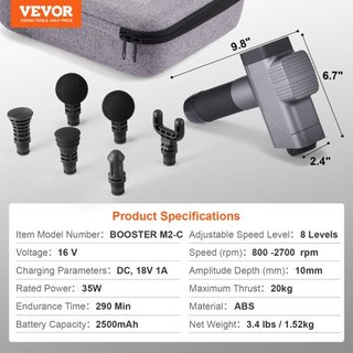 Pistola de Masaje de Tejido Profundo, Masajeador de Percusión para Atletas - con 8 Niveles de Velocidad y 6 Cabezas de Masaje, Baterías de 16V 2500mAh, Pistola de Masaje Portátil para Alivio del D...