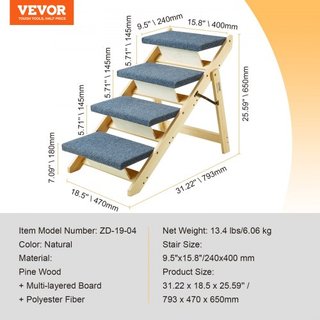 Escaleras para Mascotas de Madera/Pasos para Mascotas, Escalera de Perro de Madera Plegable 2 en 1 para Camas, Sofás y Coches, Escaleras y Rampa para Perros con 4 Pasos para Mascotas Pequeñas, Med...