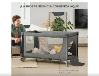 Cuna de viaje gris con cambiador y móvil