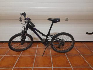 Bicicleta infantil negra y morada marca trek.