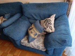 Sofá 3 plazas + sillón tela azul/gris