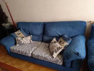 Sofá 3 plazas + sillón tela azul/gris