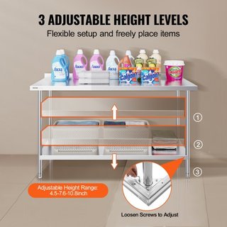 Mesa de Trabajo de Acero Inoxidable de 24 x 60 x 36 Pulgadas, Mesa de Preparación de Alimentos Comercial, Mesa de Trabajo Pesada, Mesa de Trabajo de Metal con Altura Ajustable para Restaurante, Ho...