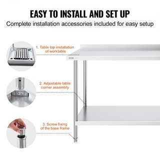 Mesa de Trabajo de Acero Inoxidable de 24 x 60 x 36 Pulgadas, Mesa de Preparación de Alimentos Comercial, Mesa de Trabajo Pesada, Mesa de Trabajo de Metal con Altura Ajustable para Restaurante, Ho...