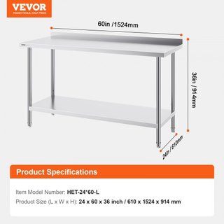 Mesa de Trabajo de Acero Inoxidable de 24 x 60 x 36 Pulgadas, Mesa de Preparación de Alimentos Comercial, Mesa de Trabajo Pesada, Mesa de Trabajo de Metal con Altura Ajustable para Restaurante, Ho...
