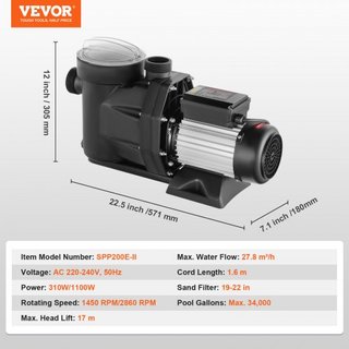 Pompa per piscina fuori terra da 1100 W (1.5HP), 220V-240V, doppia velocità 1450/2860 RPM 1100W, potente con flusso massimo 27800 L/H, risparmio energetico