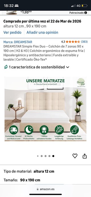Colchón DREAMSTAR 90x190cm espuma fríaw