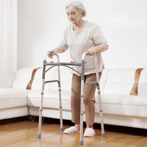 Andador Plegable, Andadores Plegables de 2 Botones con Altura Ajustable de 8 Niveles y Mangos Duraderos, Ayuda de Movilidad de Aluminio Ligero para Ancianos, Discapacitados y Personas con Movilida...