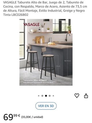 VASAGLE Sgabello Alto da Bar, Set di 2, Grigio