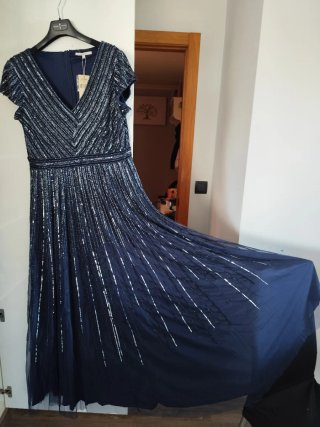 Vestido fiesta pedrería y lentejuelas azul noche