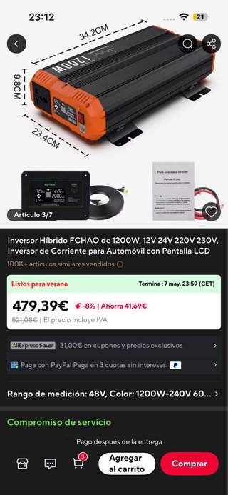 Inversor FCHAO 1200W Onda Pura DC a AC