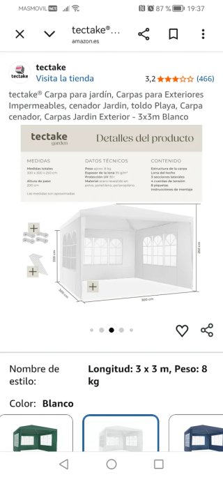 Carpa Cenador Tectake 3x3m Blanca