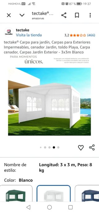 Carpa Cenador Tectake 3x3m Blanca