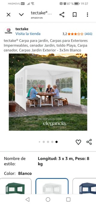 Carpa Cenador Tectake 3x3m Blanca