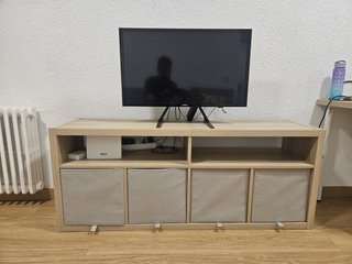 Mueble TV madera con 4 cajas tela gris