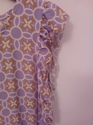 Vestito fantasia geometrica viola e beige