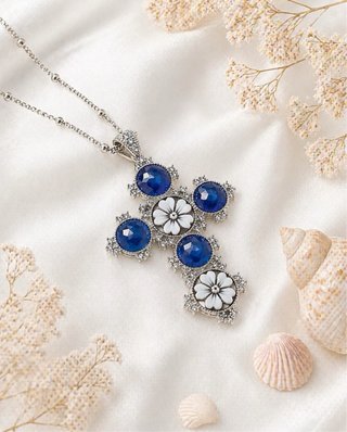 Collana croce argento 925 cammeo zirconi blu