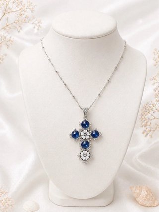 Collana croce argento 925 cammeo zirconi blu