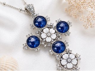 Collana croce argento 925 cammeo zirconi blu